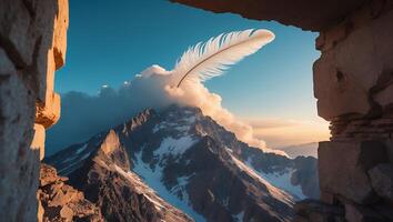 Feather Over Mountain Peak Seen Through Stone Opening at Sunrise photo