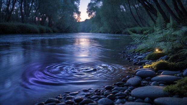 Water Ripples in a Peaceful Stream at Dusk Surrounded by Forest photo