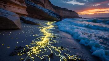 Glowing Beach Scene with Waves at Sunset and Rocky Cliffs photo