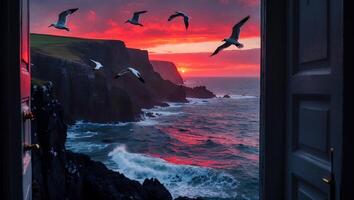 Seagulls Flying Over Coastal Cliffs at Sunset Viewed Through Open Door photo