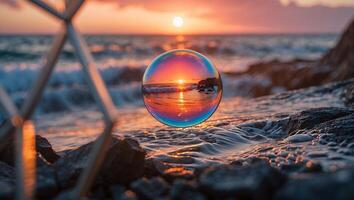 Ocean Sunset Reflected in Glass Orb on Rocky Shoreline photo