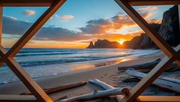 Viewing Beach Sunset Through Wooden Frame with Driftwood on Sand photo