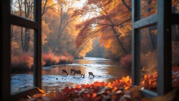 Deer Drinking in River Through Window with Fall Colors Scene photo