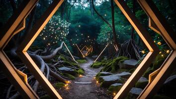 Walking Path Through Magical Glowing Forest with Mossy Rocks photo