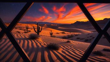 Desert Landscape Framed View with Cacti, Sunset Sky, and Sand Dunes photo