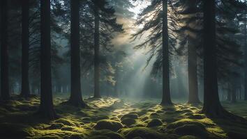 Sunlight Streaming Through Tall Trees in a Mysterious Forest Scene photo