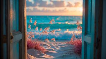 Ocean View Through Open Door with Beach Grass and Waves photo
