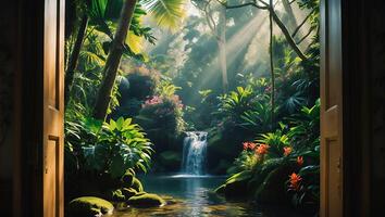 Waterfall View Through Open Door Surrounded by Lush Tropical Vegetation photo