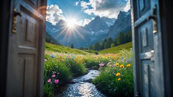 Open Door Framing Mountain Stream Meadow with Sunlight and Wildflowers photo