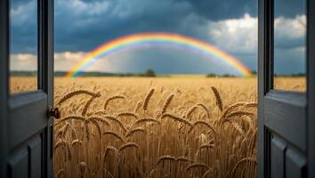 Open Door View Into Golden Wheat Field with Vibrant Rainbow photo