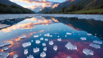 Icy Lake Reflecting Mountain Sunset Scenery with Ice Crystal Formations photo