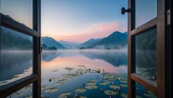 Open Window View of Calm Lake and Mountain at Dusk photo