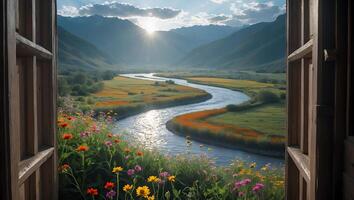 River View From Open Window with Wildflowers and Mountain Landscape photo