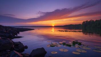 Sunset Glow on Calm Lake with Lily Pads and Rocky Shoreline photo
