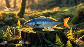 Fish with Lemon Resting on Forest Tree Stump in Sunlight photo
