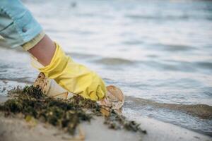 Close up view of female volunteer that picking garbage, trash pollution photo