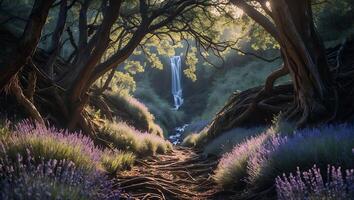 Waterfall View Through Forest Path with Lavender Flowers Landscape photo