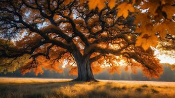 Majestic Old Tree with Golden Leaves Bathed in Sunrise Light photo