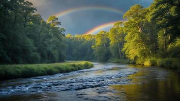 River Flows Through Forest with a Rainbow Above Tree Canopy photo