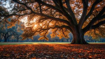 Large Sprawling Tree with Autumn Leaves at Sunset Creates Warmth photo