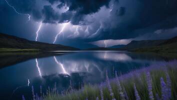Lightning Storm Over Still Lake Reflecting Sky and Grassy Shoreline photo