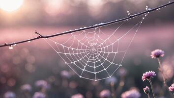Delicate Spiderweb Adorned with Dewdrops on Branch in Soft Light photo