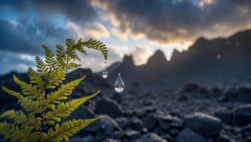Fern Leaf with Water Drops Reflecting Mountain Landscape Scenery photo