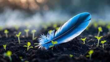 Blue Feather Resting on Soil with Emerging Seedlings in Soft Light photo