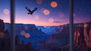 Eagle Soaring Above Canyon at Dusk with Starry Sky and Lights photo