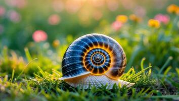 Snail Crawling Through Green Grass with Flowers in Background photo