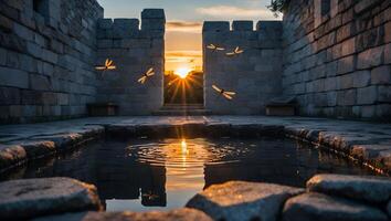 Dragonflies Flying Near Stone Structure and Reflecting Pool at Sunset photo