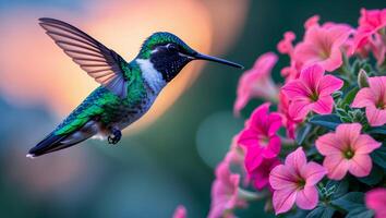 Hummingbird Hovering Near Pink Flowers in a Colorful Garden Setting photo