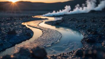 River Flowing Through Rocky Landscape at Sunset with Rising Steam photo