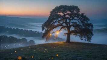 Solitary Tree Stands on Hill at Dusk with Mist and Lights photo