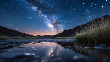 Milky Way Reflection Over Mountain Lake at Night with Stars photo