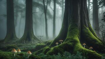 Mushroom Forest Floor with Fog and Moss-covered Trees in Atmospheric Scene photo