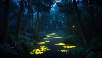 Walking on a Forest Path at Night with Glowing Lights photo