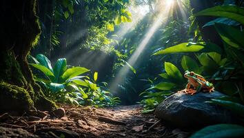 Frog Sitting on Rock in Rainforest with Sunlight Streaming Through Canopy photo