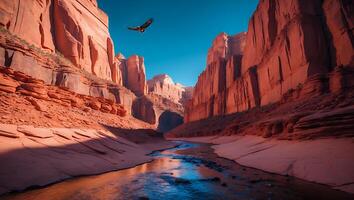 Eagle Soaring Above Canyon with River Running Through Red Rocks photo