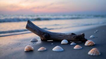 Driftwood and Seashells on Sandy Beach at Sunset in Coastal Setting photo
