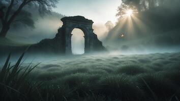 Exploring Misty Field with Stone Archway and Butterfly in Sunlight photo
