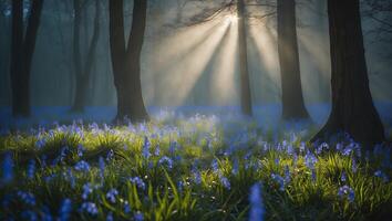 Sun Rays Through Forest Trees Illuminating Bluebell Flower Meadow photo