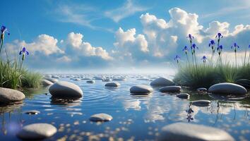 Stones in Calm Water Reflecting Blue Sky and Clouds with Flowers photo