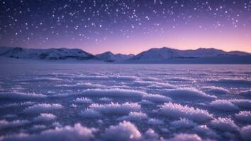 Frozen Landscape Under Starry Sky with Distant Mountains and Ice Crystals photo
