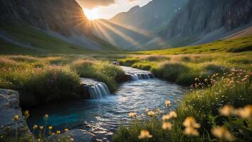 Mountain Stream Flowing Through Green Meadow at Sunset with Sunbeams photo