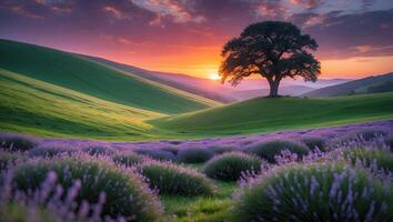 Lavender Field and Green Hills with Dramatic Sunset Sky Landscape photo