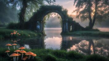Mushroom Grouping Near Foggy Lakeside Ruins with a Sunrise Glow photo