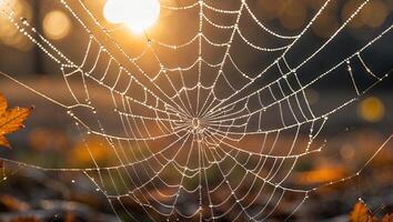 Spiderweb with Dew Drops Sparkling in Morning Light Autumn Scene photo