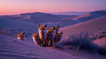 Foxes Gathering on Sand Dunes at Dusk in Desert Landscape photo