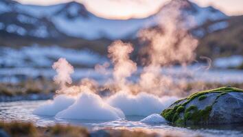 Geothermal Hot Spring with Steam Rising Against Mountain Landscape photo
